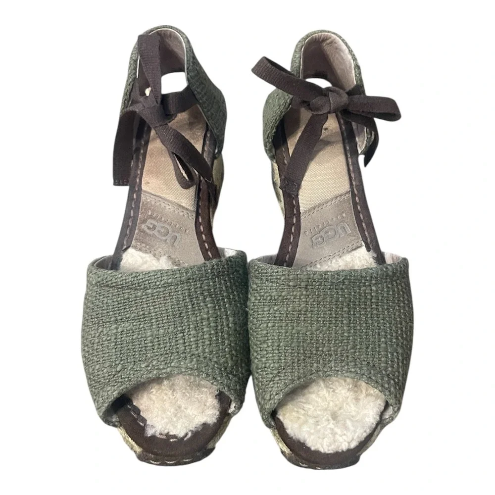 UGG Australia Lucianna Green Woven Espadrille Wedge Sandals Ribbons Size 8